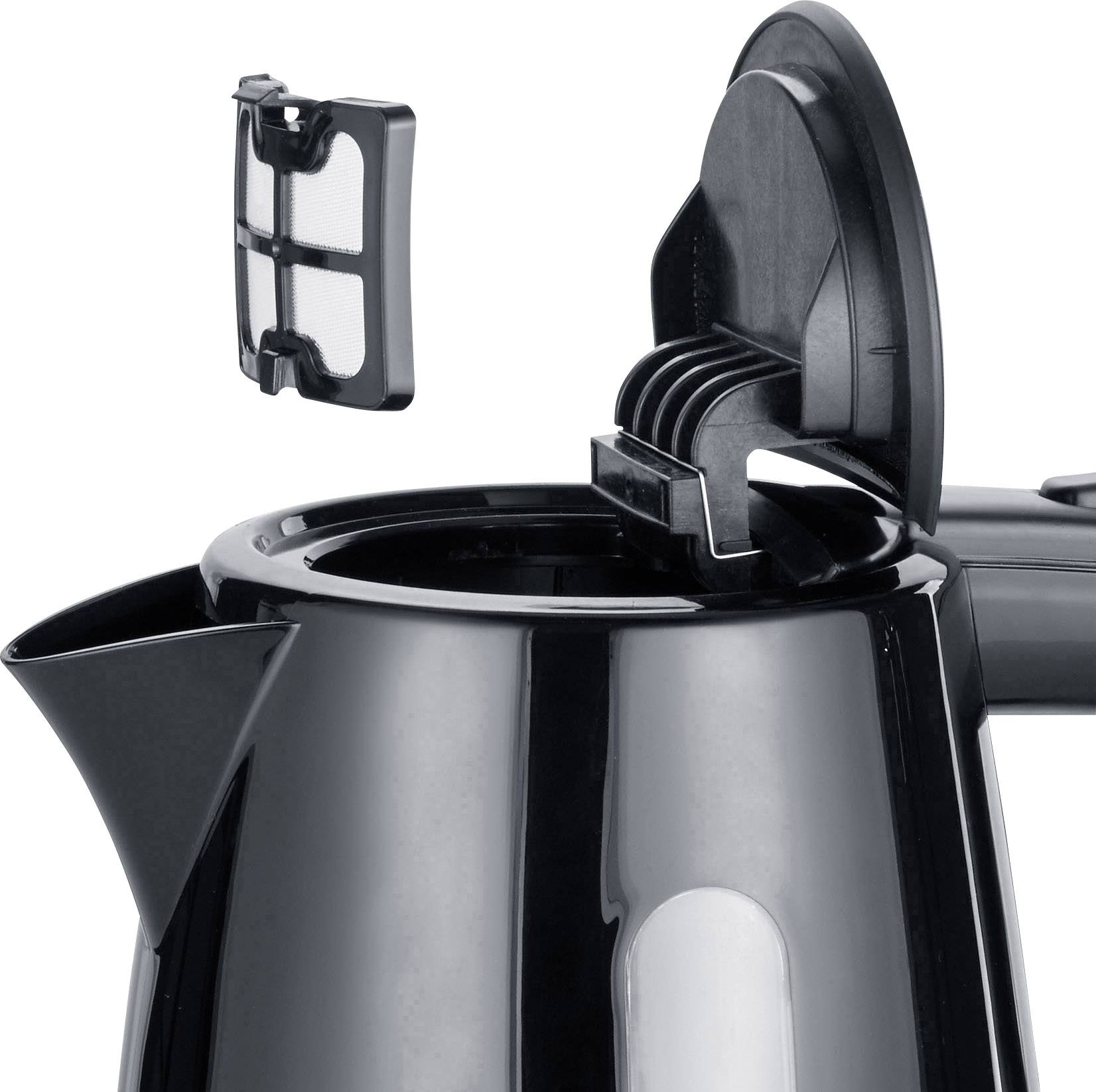 Bouilloire électrique avec couvercle ouvert et filtre amovible, prête à être remplie. Design noir et moderne.