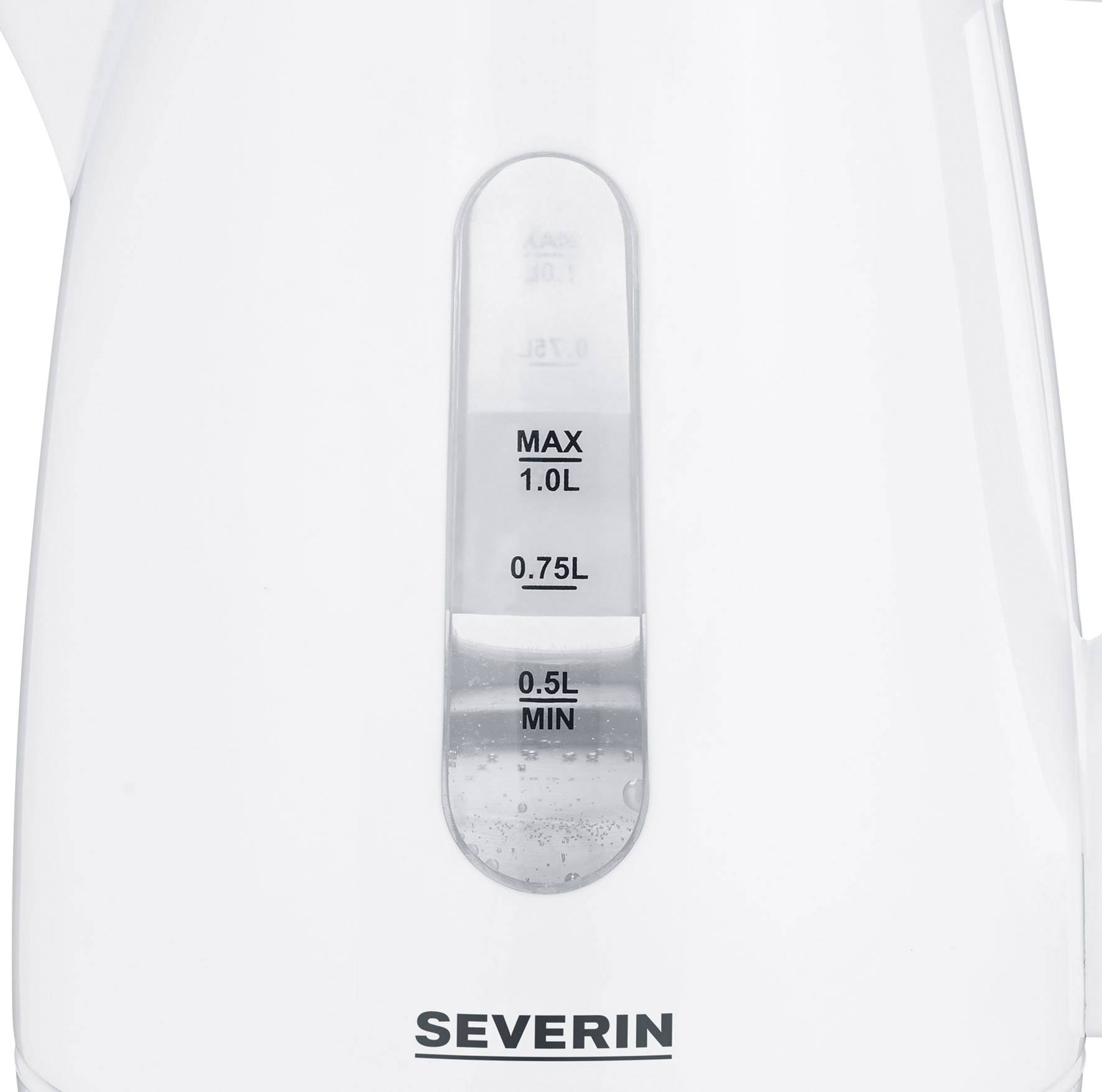 Une bouilloire blanche avec un indicateur de niveau d'eau visible sur le côté, montrant une capacité de 0,5 à 1,0 litre, et le nom de la marque en dessous.