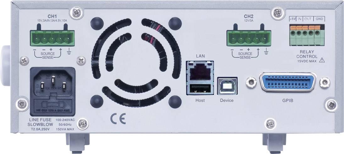 Dos d'un appareil électronique avec connexions d'alimentation, interfaces LAN et GPIB, connexions de sécurité et de contrôle.