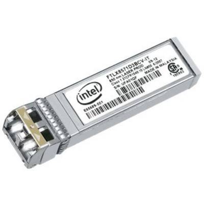 Module de transcepteur Intel, rectangulaire, avec deux connexions optiques et marquage noir. Identifie les composants de connexion à fibre optique.