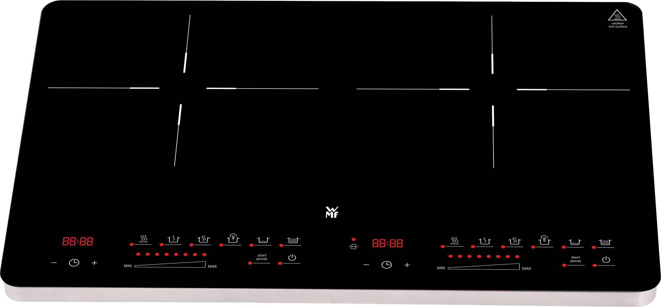'Plaque de cuisson à induction noire avec quatre zones de cuisson, affichages LED et panneau de commande tactile pour contrôler la température et les réglages du minuteur.'