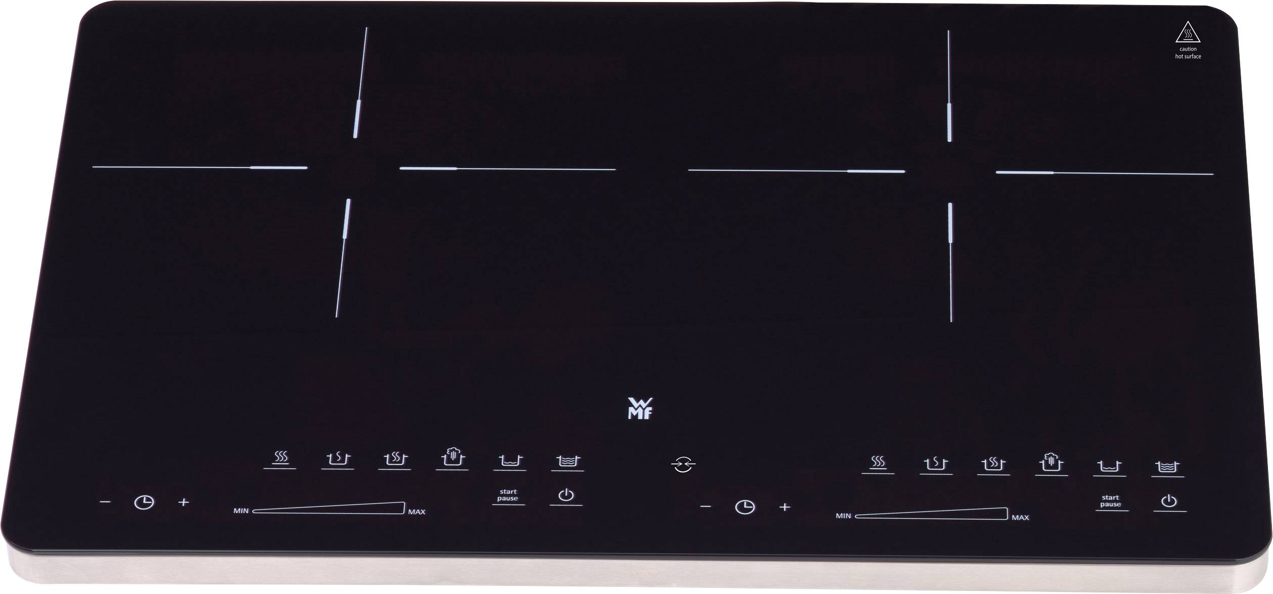 Une plaque de cuisson à induction noire avec quatre zones de cuisson. Les commandes et les symboles sont visibles sur la partie inférieure.