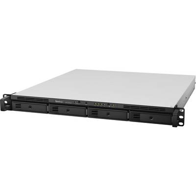 L'image présente un serveur noir et plat doté de quatre emplacements pour disques durs et de plusieurs voyants LED sur sa façade avant.