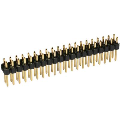 Une barrette dorée à deux rangées de broches, utilisée pour les connexions dans les appareils électroniques.