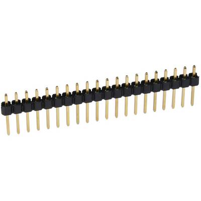 Une rangée unique de broches de barrettes dorées, montées sur une plaque en plastique noir, destinée à la connexion électrique.