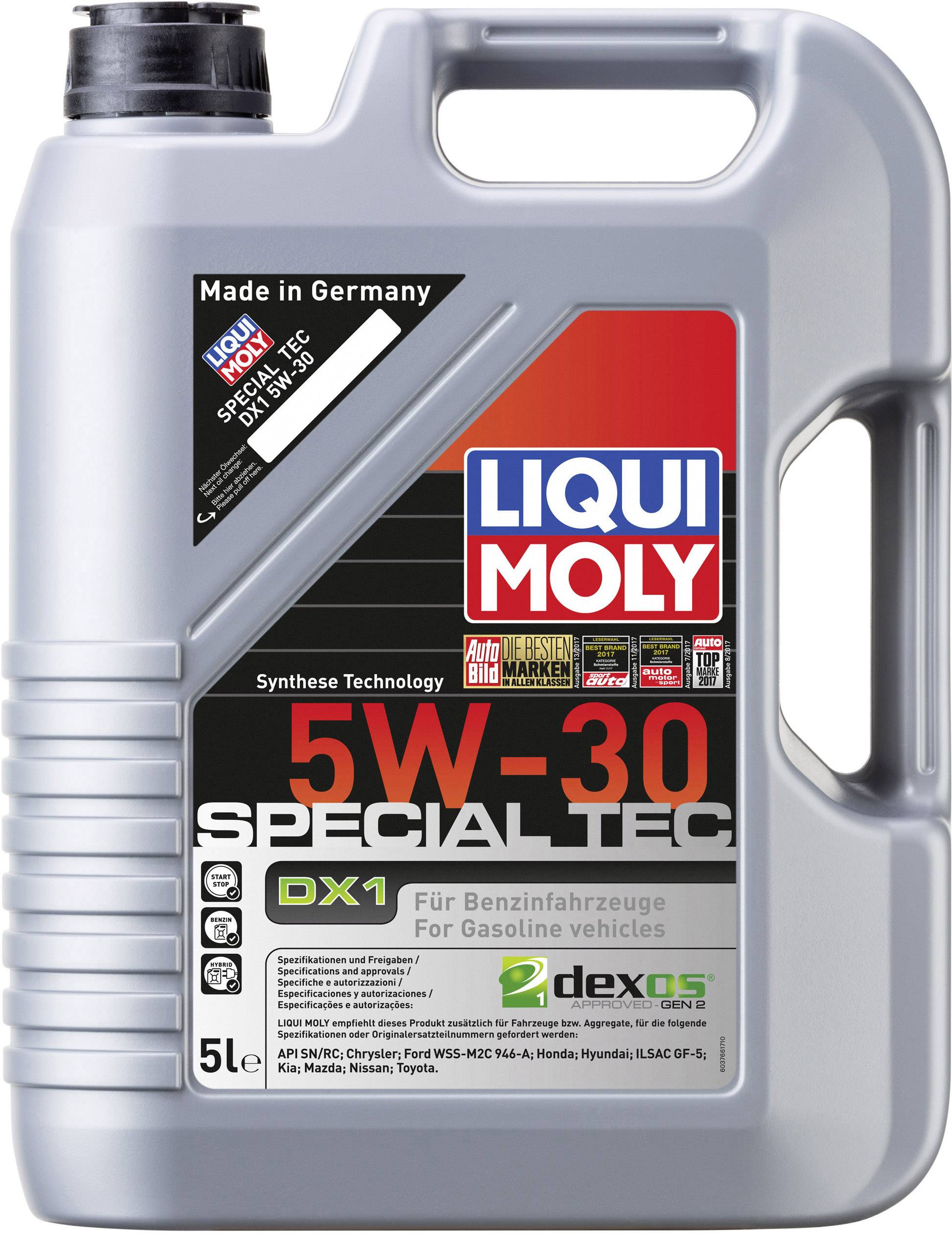 Bidon d'huile moteur de marque 'Liqui Moly', 5W-30 Spécial Tec DX1, adapté aux véhicules essence, 5 litres.
