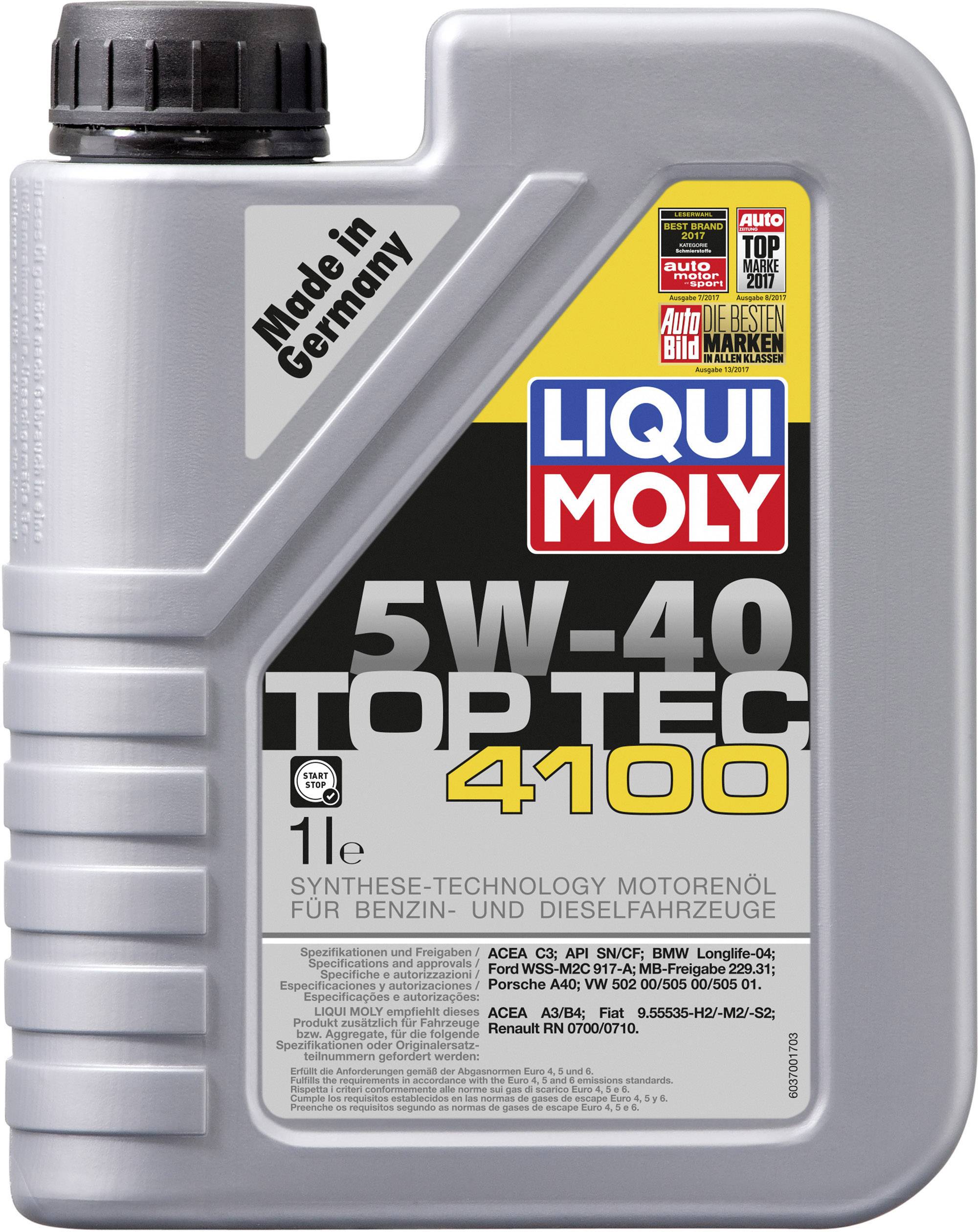 Bidon de 1 L d'huile moteur LIQUI MOLY 5W-40 Top Tec 4100, adapté aux véhicules essence et diesel. Fabriqué en Allemagne.