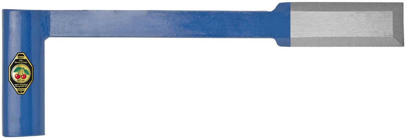 Un équerre bleue avec un manche court et un bord métallique tranchant, portant un emblème.