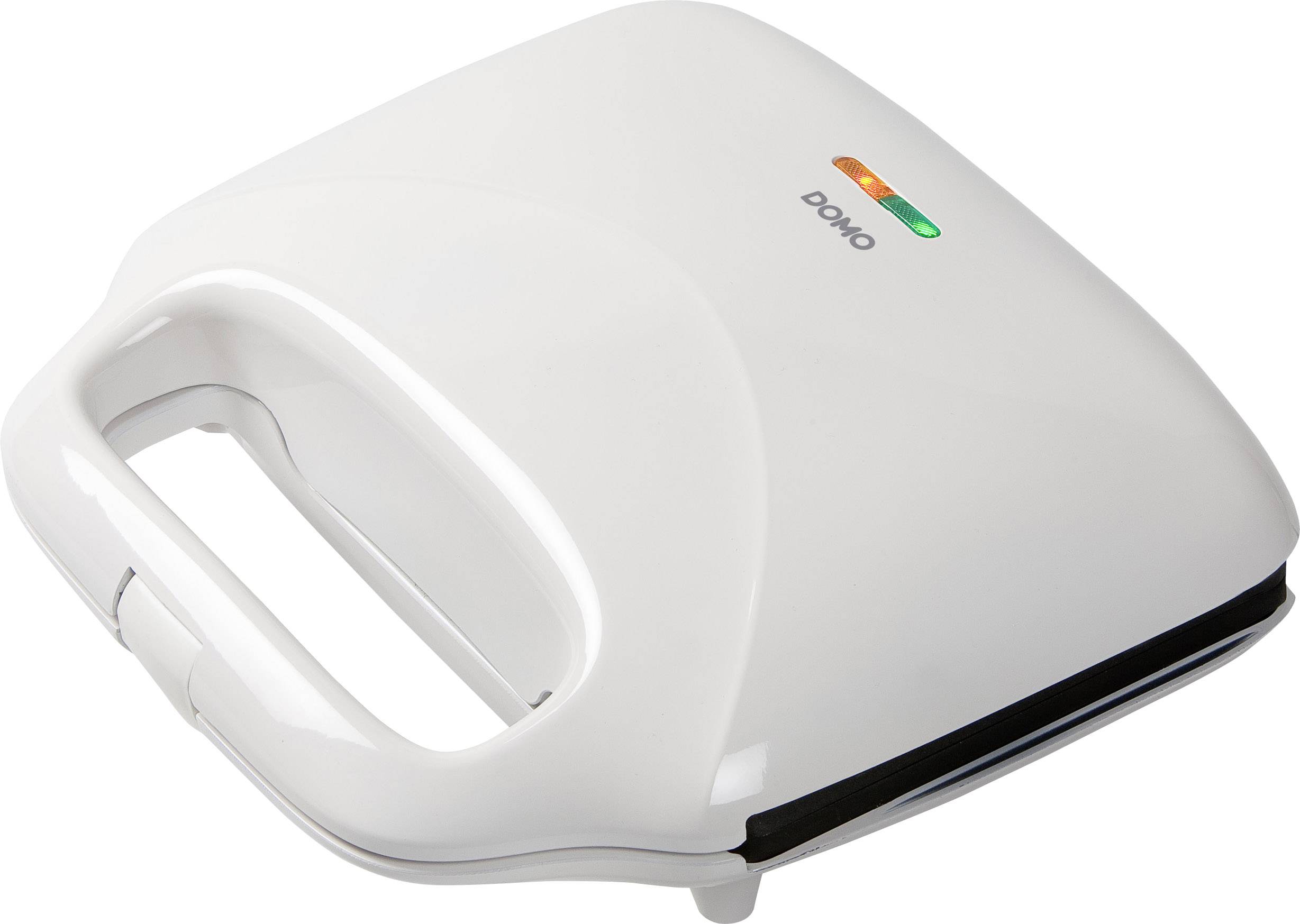 Sandwich-maker blanc avec poignée de transport et deux témoins lumineux sur le dessus.