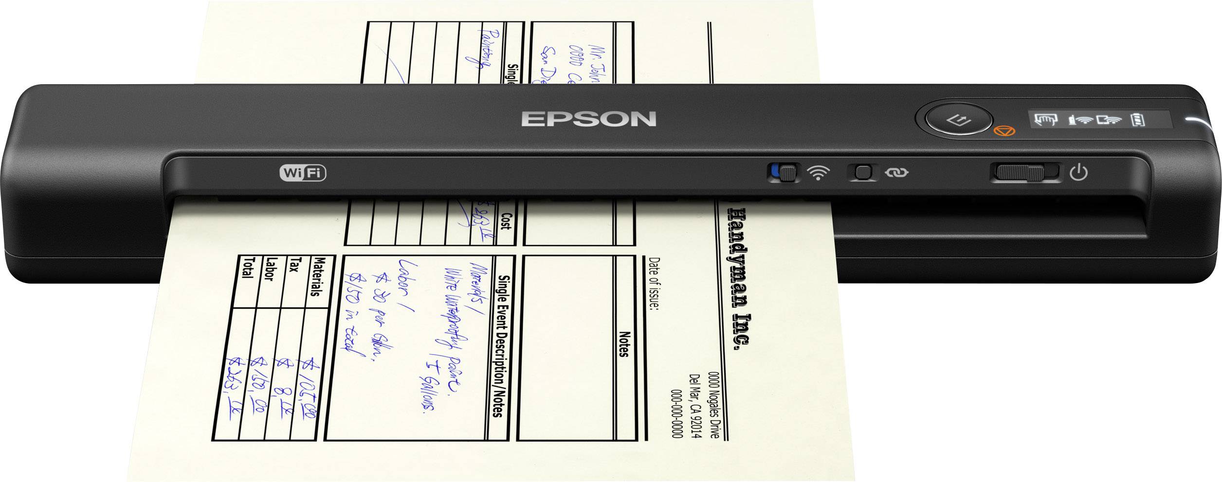 Un scanner Wi-Fi mobile d'Epson numérise un document contenant un tableau et des notes manuscrites.
