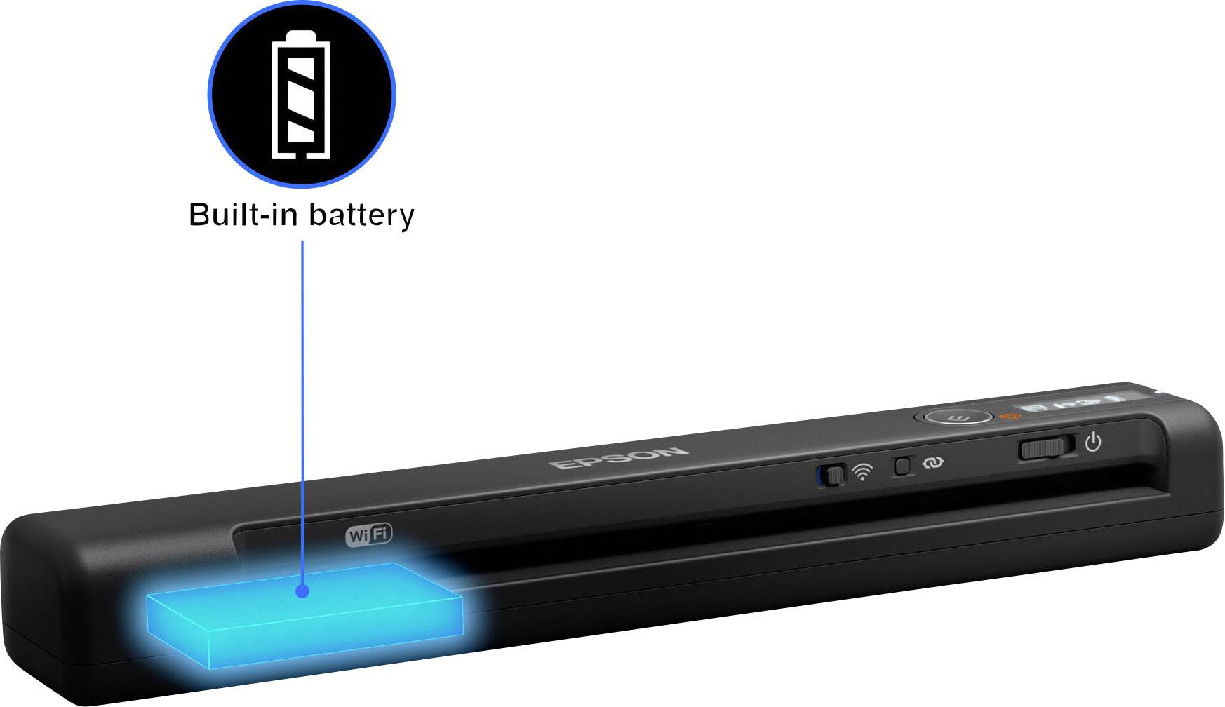 Un scanner portable avec batterie intégrée, prenant en charge la connexion Wi-Fi, adapté pour scanner des documents lors de vos déplacements.