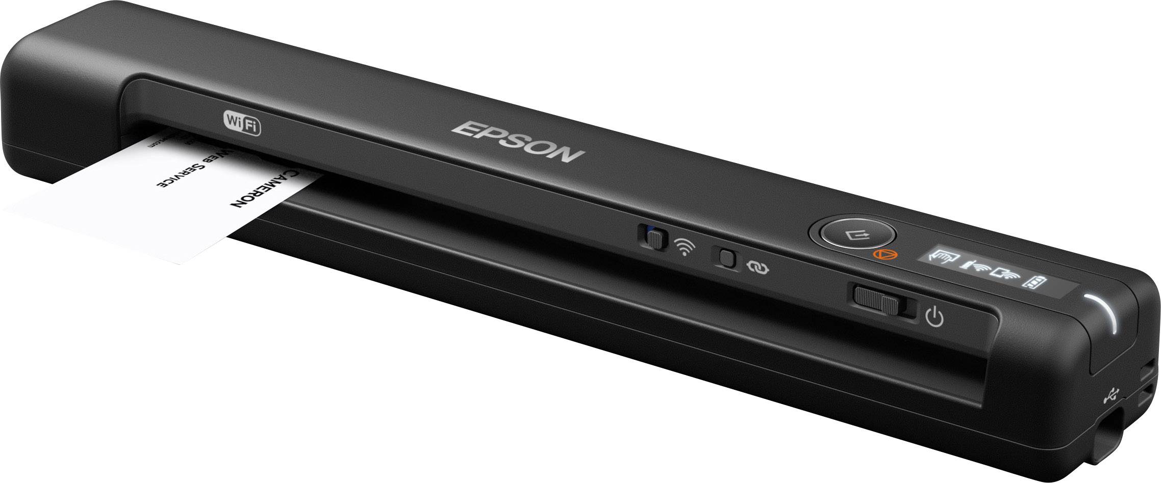 Un imprimante portable EPSON numérise un document ; les panneaux de commande et le symbole Wi-Fi sont bien visibles.