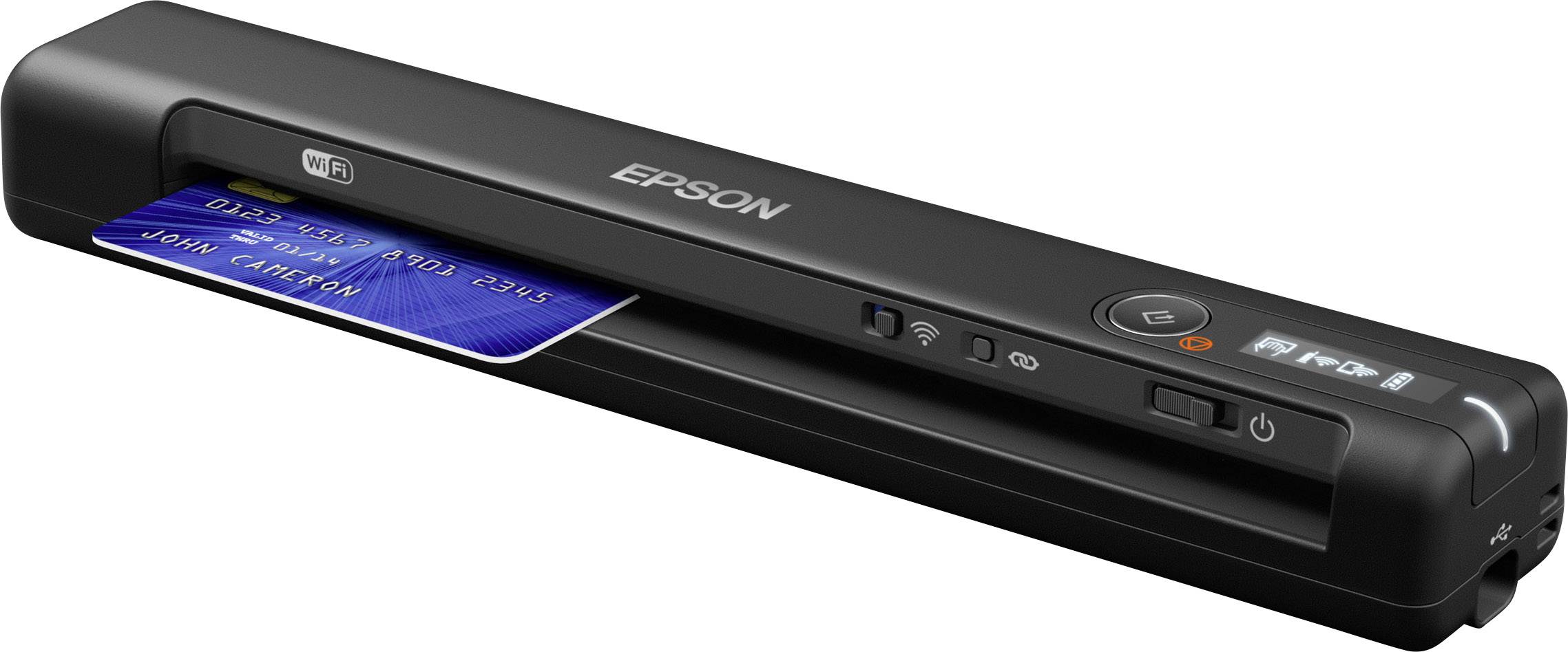 Un scanner portable numérise une carte de crédit. L'appareil est noir et dispose d'une fonctionnalité Wi-Fi.
