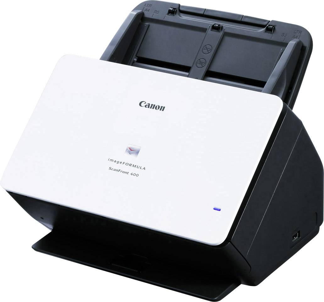 Un scanner de documents de bureau noir et blanc de Canon, modèle imageFORMULA ScanFront 400, avec alimentation papier par le haut.