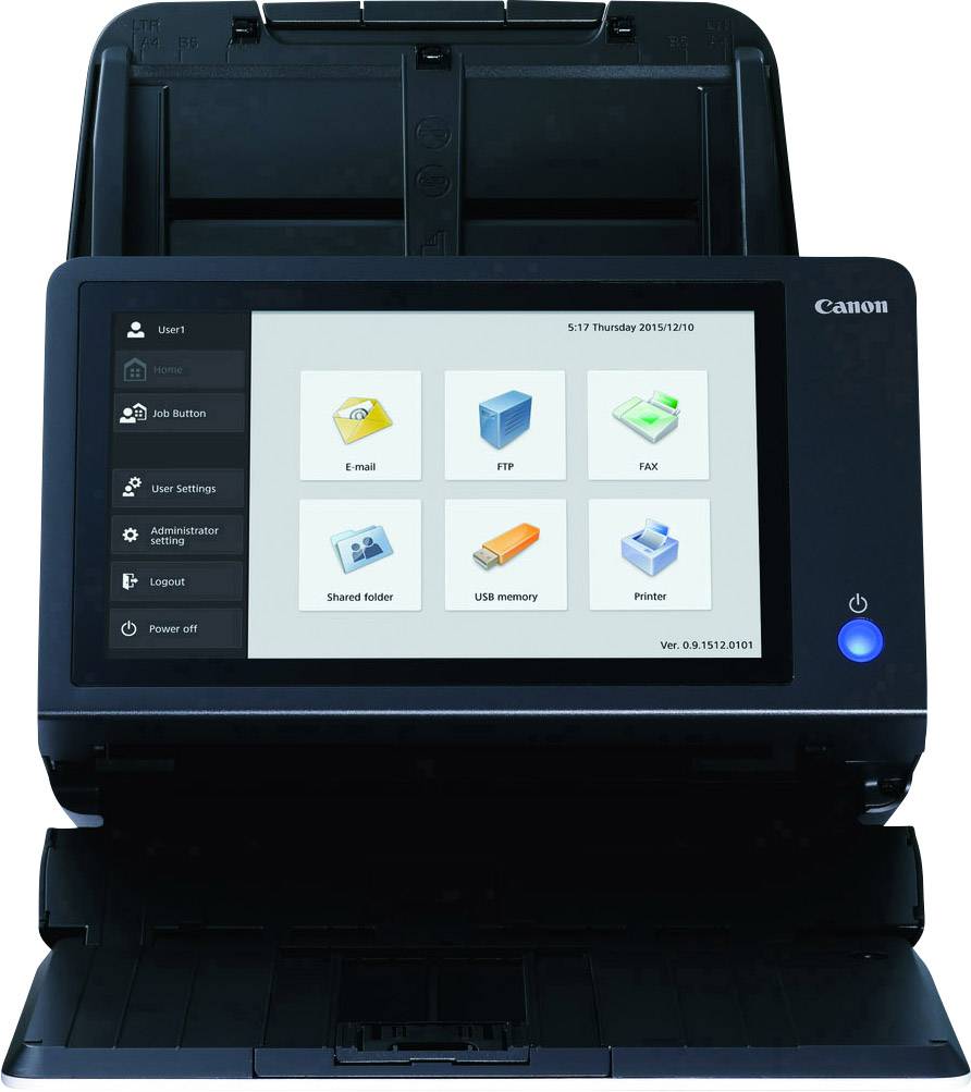 Un scanner avec un écran affiche des symboles pour 'E-mail', 'FTP', 'Fax', 'Dossier partagé', 'Stockage USB', 'Imprimante'.