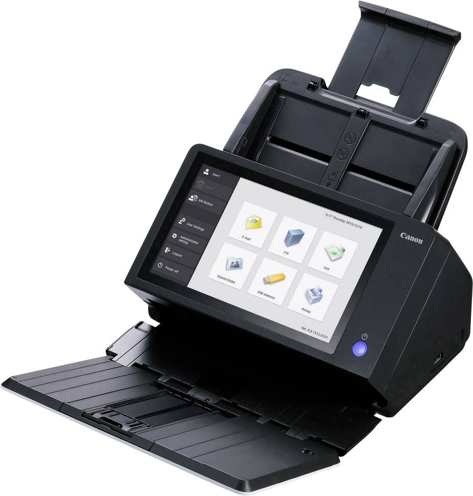 Un scanner moderne avec un écran numérique affiche différentes options de numérisation. Le scanner est ouvert et prêt à être utilisé.