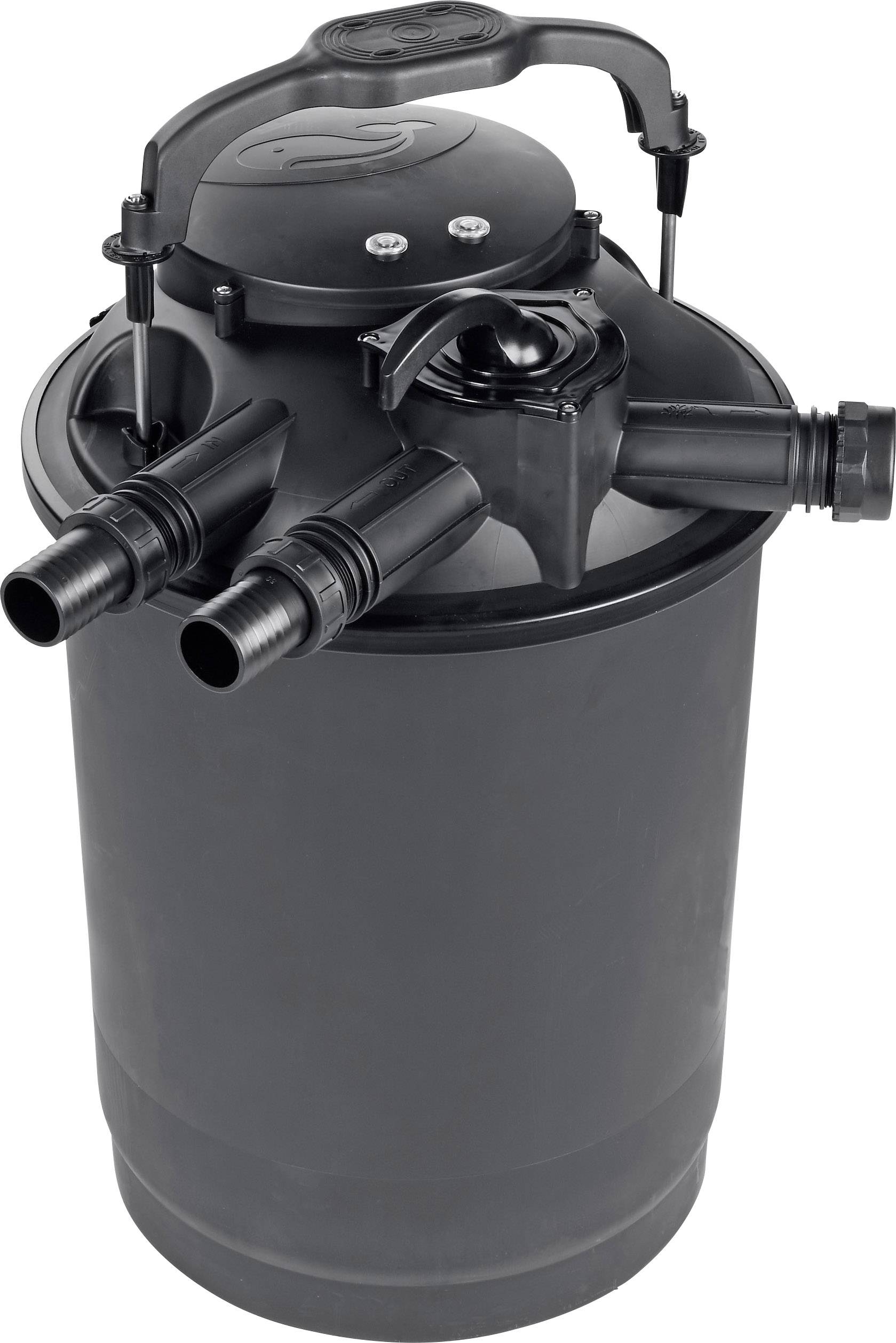 Filtre noir cylindrique pour bassin, équipé de deux connexions latérales et d'une poignée supérieure pour le nettoyage de l'eau.