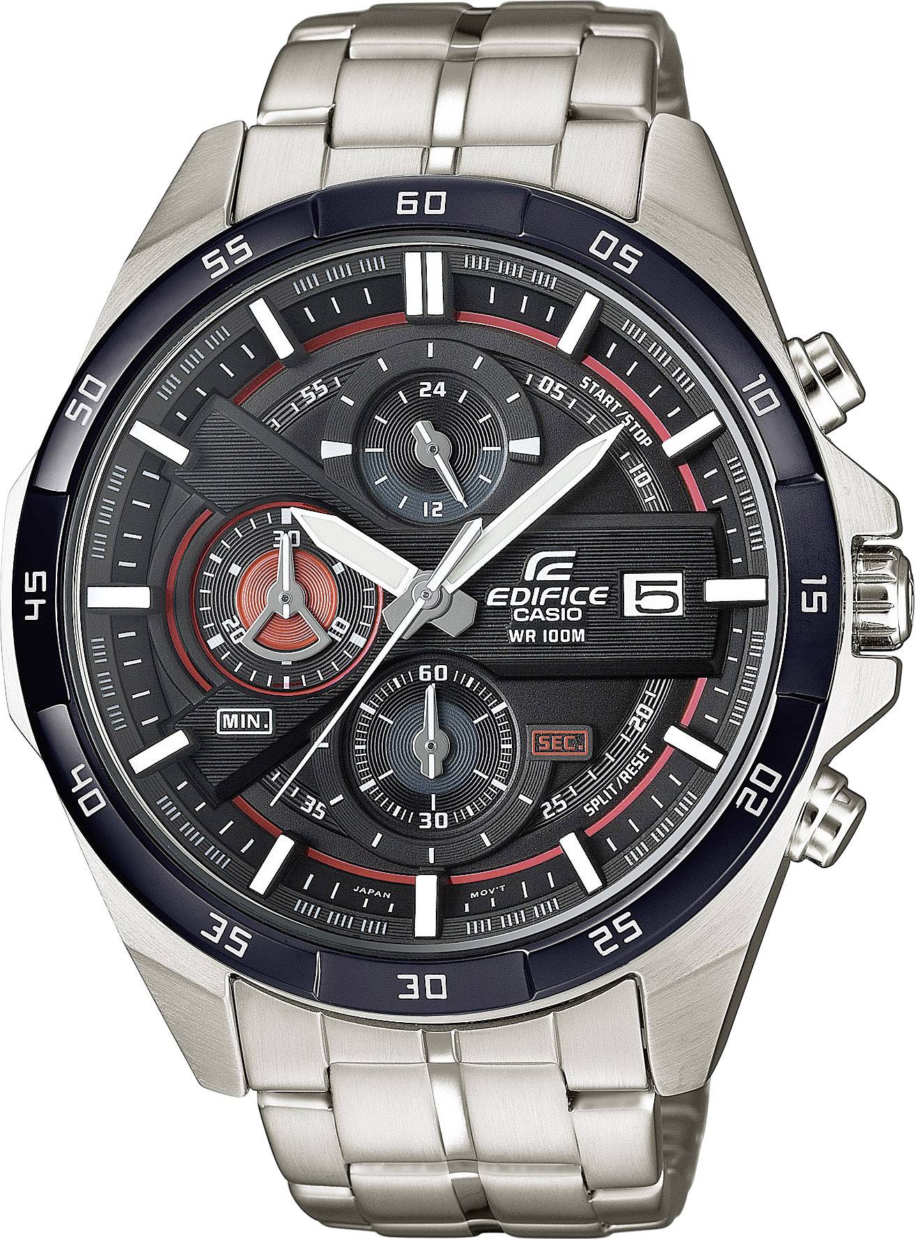 Montre-bracelet en argent avec boîtier rond, cadran noir et affichages chronographiques.