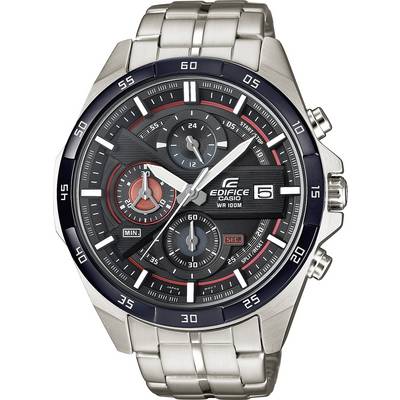 Montre-bracelet en argent avec boîtier rond, cadran noir et affichages chronographiques.
