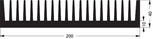 Une mire de test en noir et blanc avec des bandes verticales utilisée comme échelle. Dimensions indiquées : longueur 200, hauteur 40.