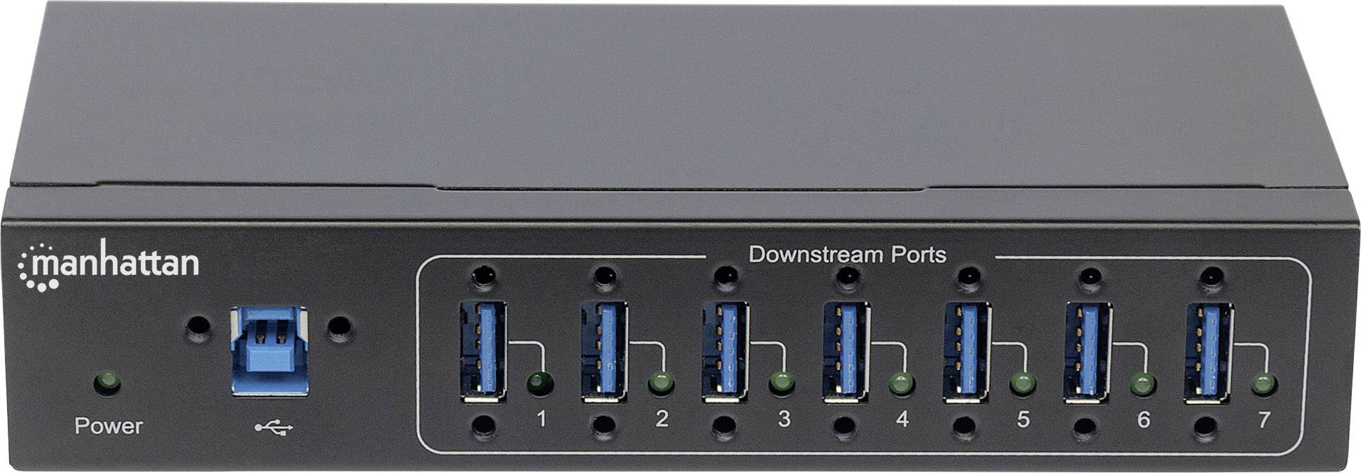 Un hub USB noir à huit ports. Sept ports USB sont situés à l'avant, chacun doté d'un voyant LED vert. À côté à gauche se trouve un connecteur d'alimentation bleu.