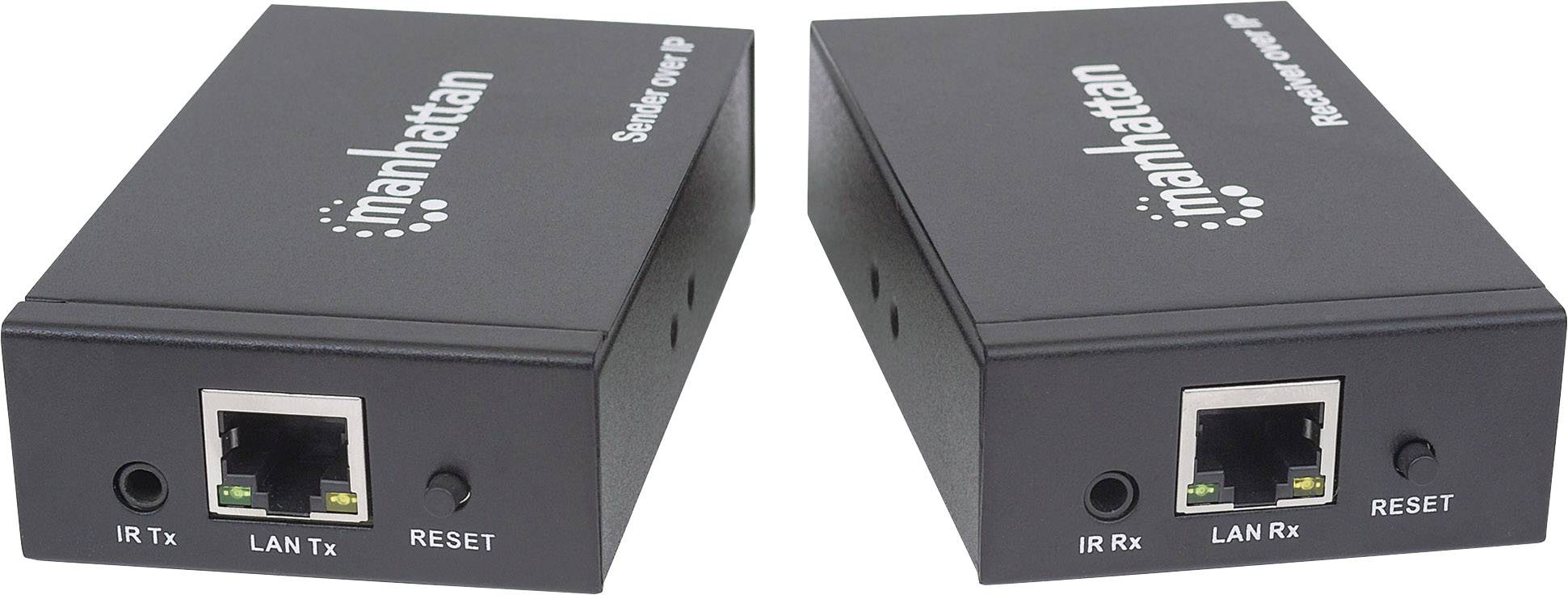 Appareils 'Manhattan Sender Receiver IP' pour connexions LAN avec ports IR et de réinitialisation, permettant la communication réseau.