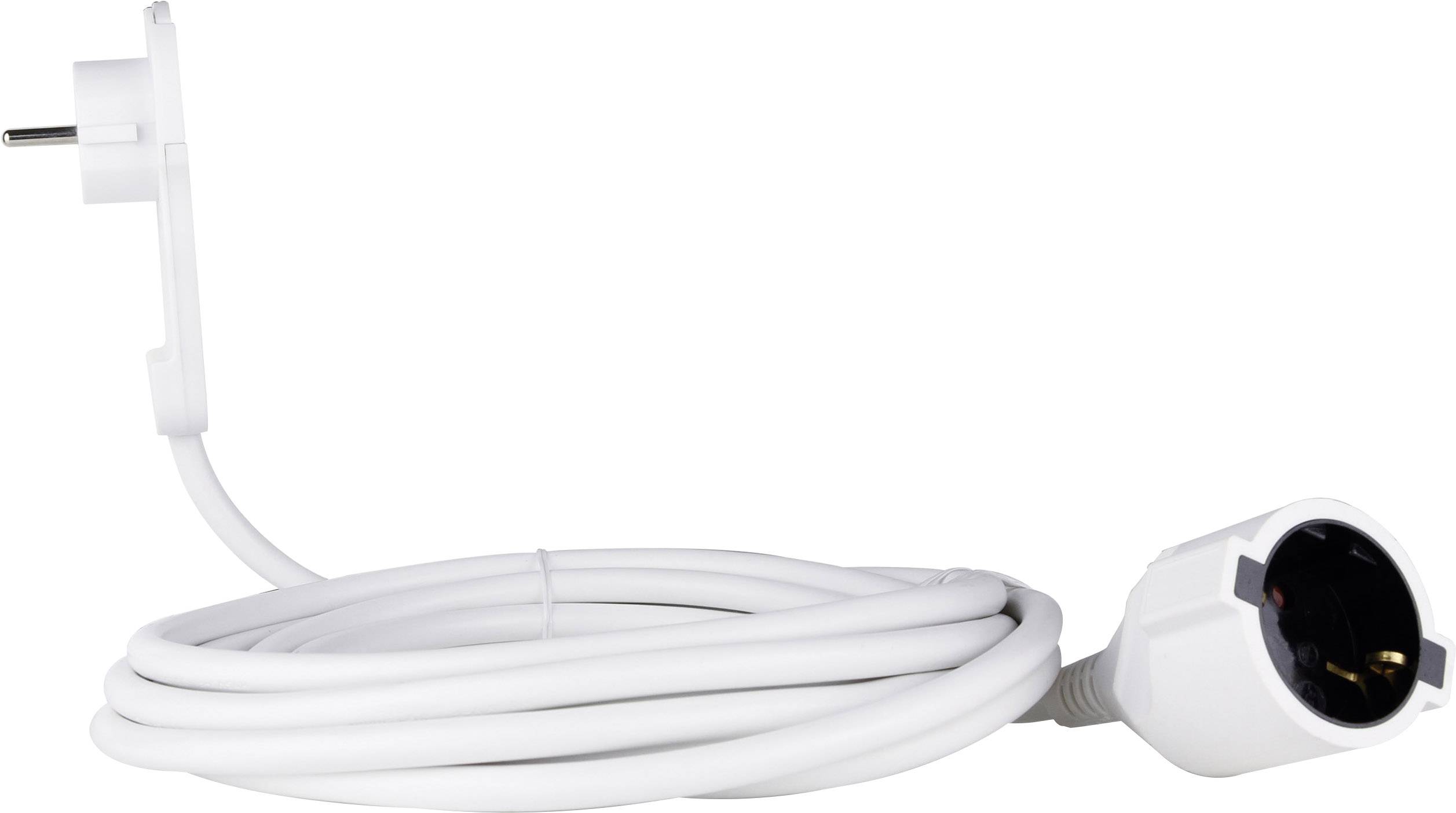 Rallonge électrique blanche avec prise et fiche, enroulée.
