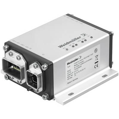 Un appareil électronique blanc de la marque Weidmüller doté de deux prises de connexion, avec des informations sur le produit et le numéro de série sur le dessus.