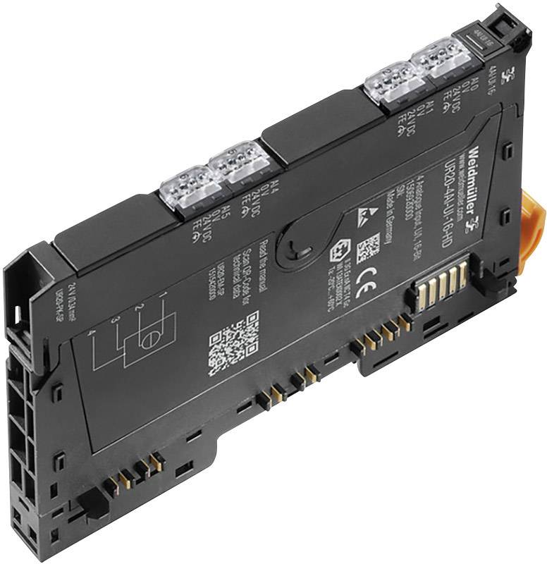 Module électronique de forme rectangulaire, doté de plusieurs connexions enfichables et d'impressions techniques, destiné aux applications industrielles.