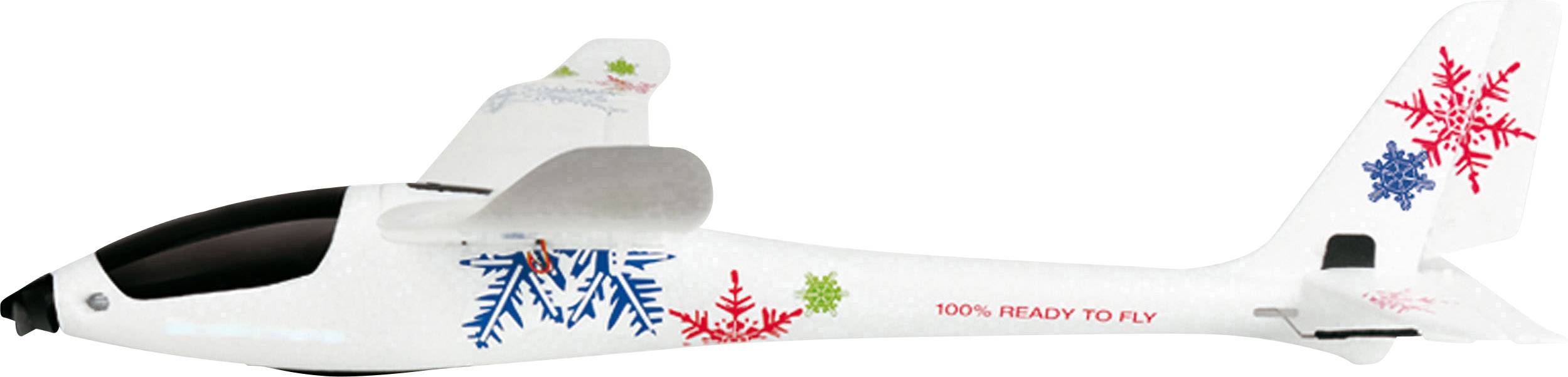 Un avion-modèle blanc avec des motifs de flocons de neige bleus et rouges et le texte '100% READY TO FLY'.