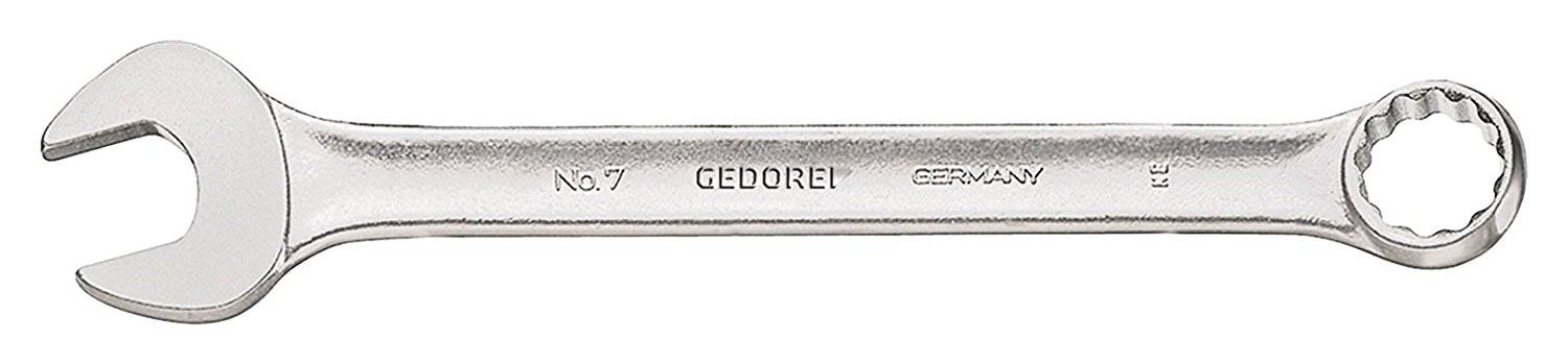 Une clé mixte en argent portant l'inscription 'GEDORE', 'No. 7', et 'GERMANY', adaptée pour serrer ou desserrer des vis.
