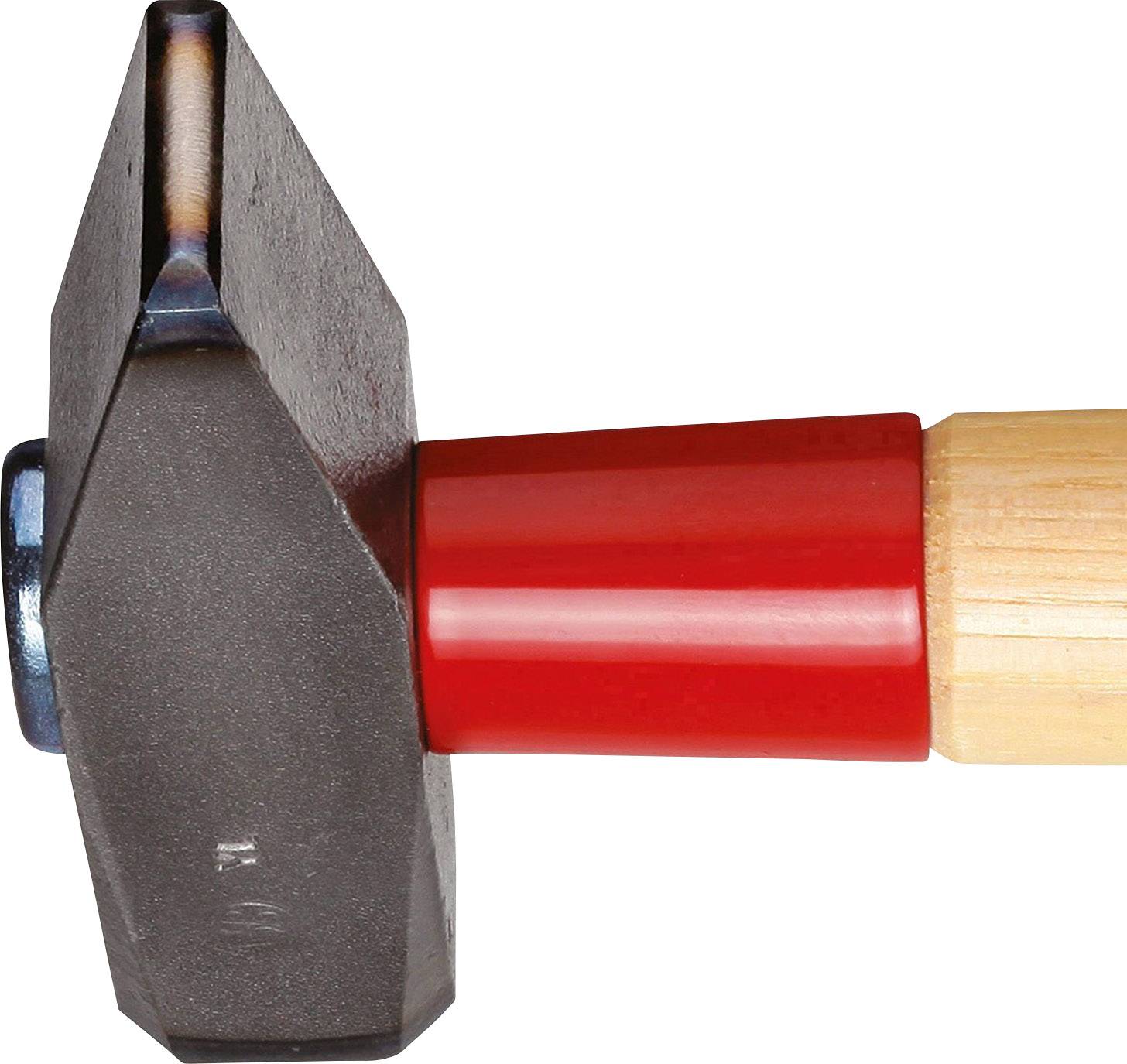 Un marteau avec un manche rouge et une tête métallique. Le manche est en bois et la tête est de forme carrée.