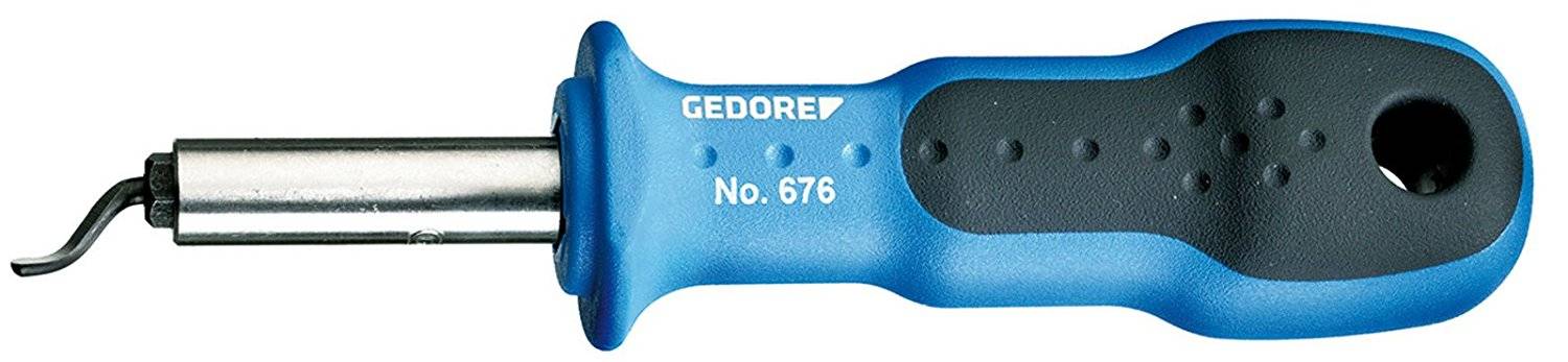 Ébavureur bleu avec poignée ergonomique et lame en métal, portant la mention 'Gedore No. 676'.
