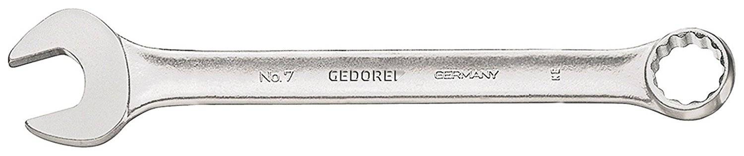 Une clé à molette en argent avec des extrémités ouvertes et en anneau. Marquages : 'GEDORE No. 7 GERMANY'. Principalement adaptée pour les vis.