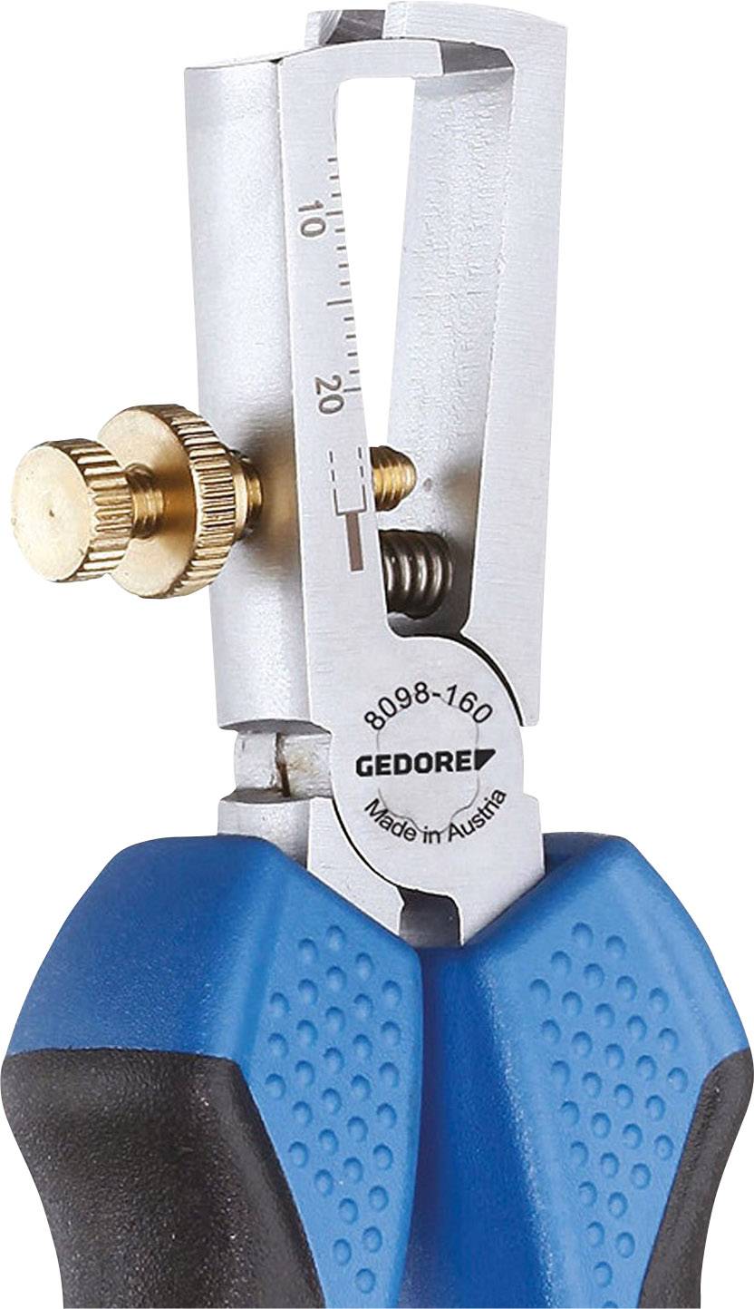 Pince à dénuder de GEDORE à poignées bleues, échelle de mesure jusqu'à 20 mm, bouton de réglage doré, inscription 'Made in Austria'.