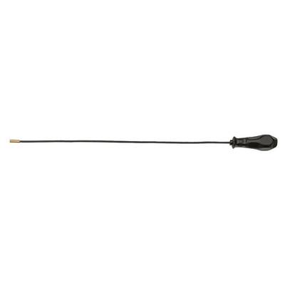 Une longue canne noire avec une poignée arrondie et une petite extrémité métallique, probablement un outil ou un instrument.