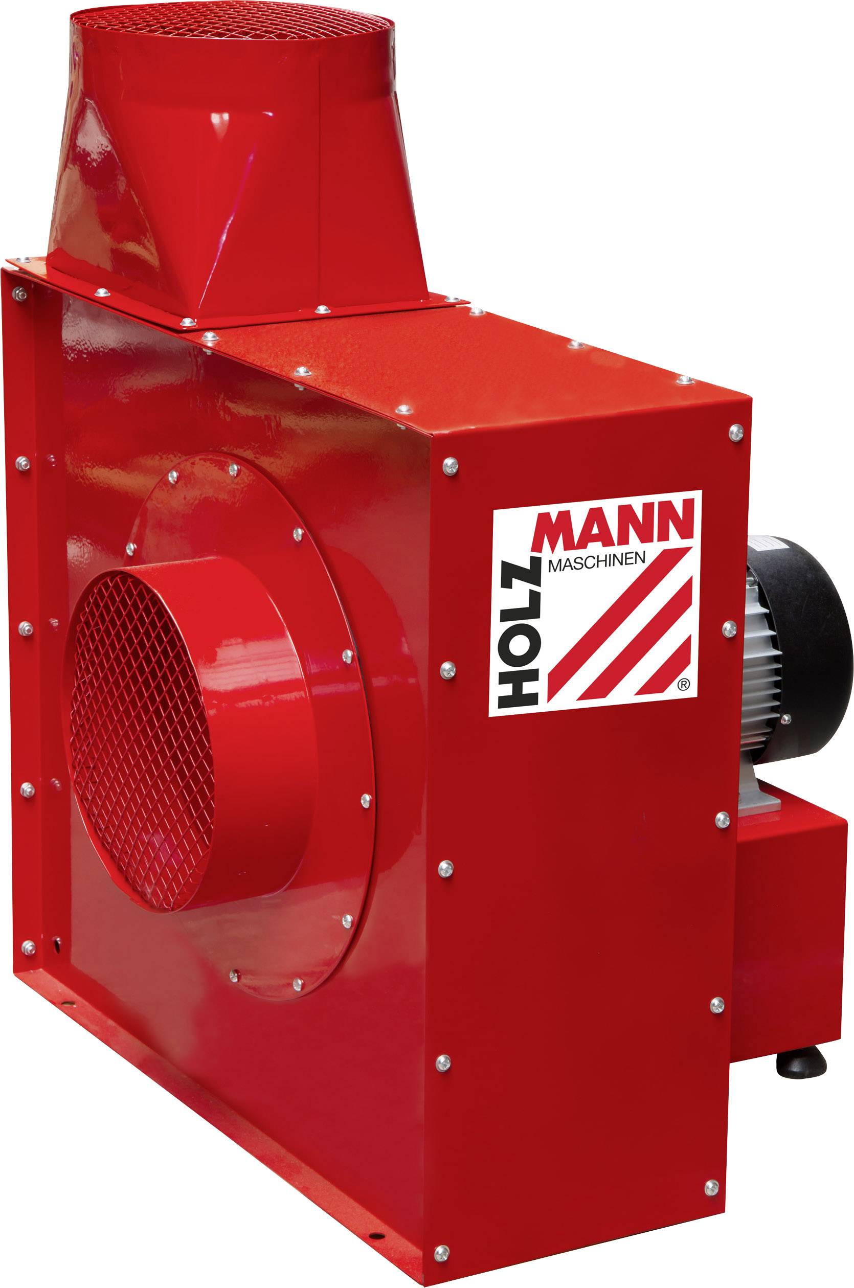 Ventilateur rouge avec moteur noir et logo 'Holzmann Maschinen'. Principalement utilisé pour la circulation de l'air dans des applications industrielles.