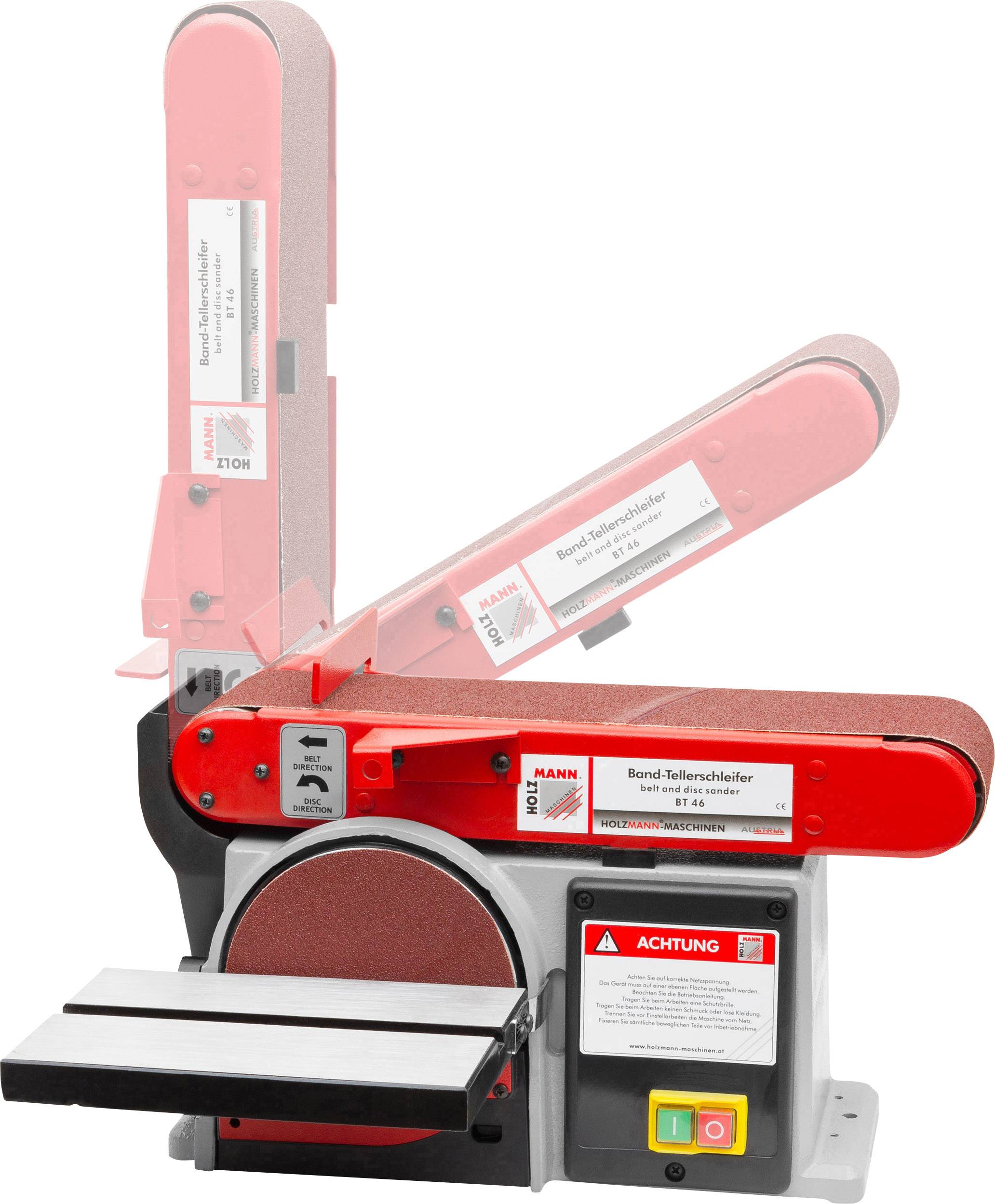 Combinaison d'une ponceuse à bande et d'une ponceuse à disque, modèle avec boîtier rouge. Adapté aux travaux d'atelier, avertissement de précaution visible.