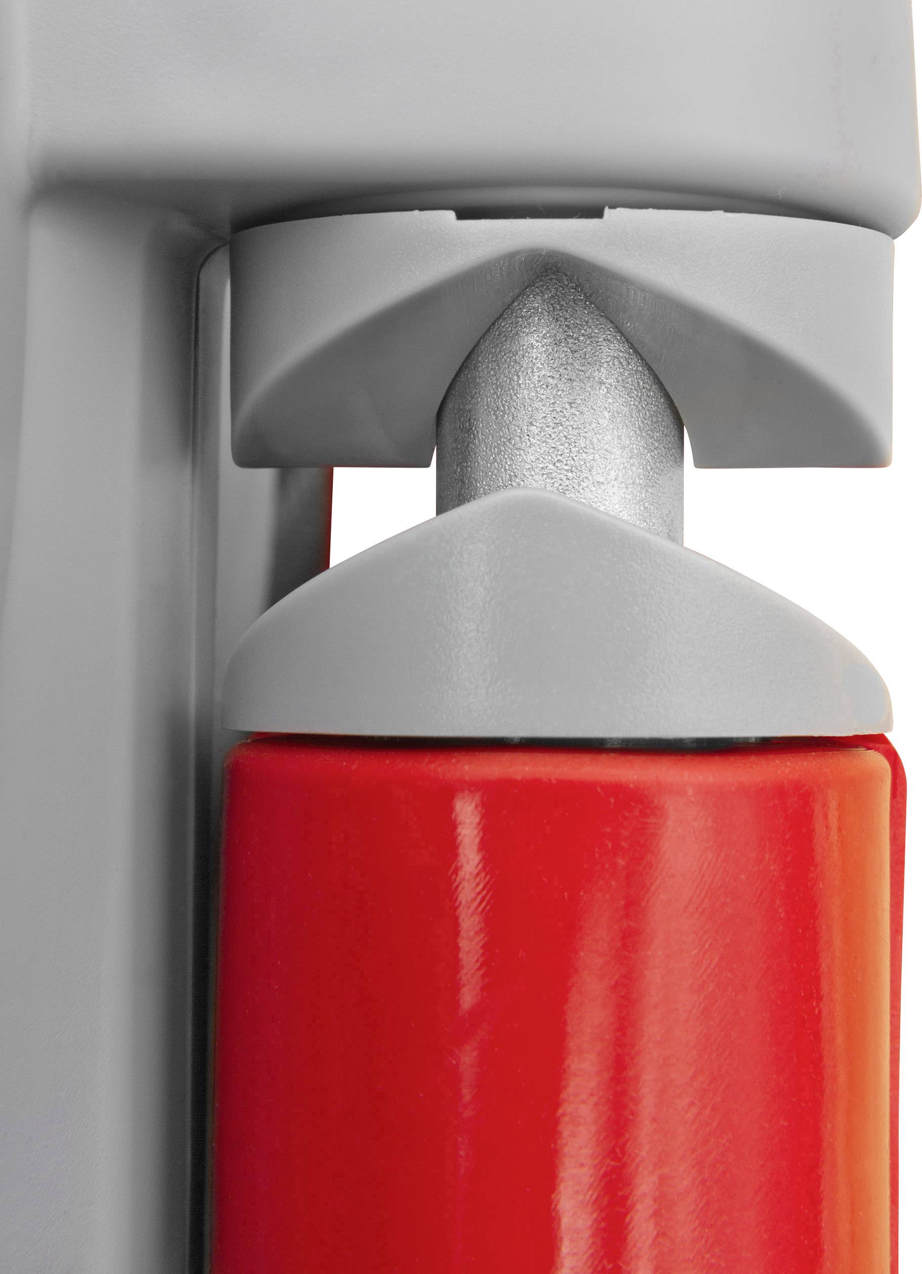 Gros plan d'un amortisseur à gaz rouge sur un boîtier gris.