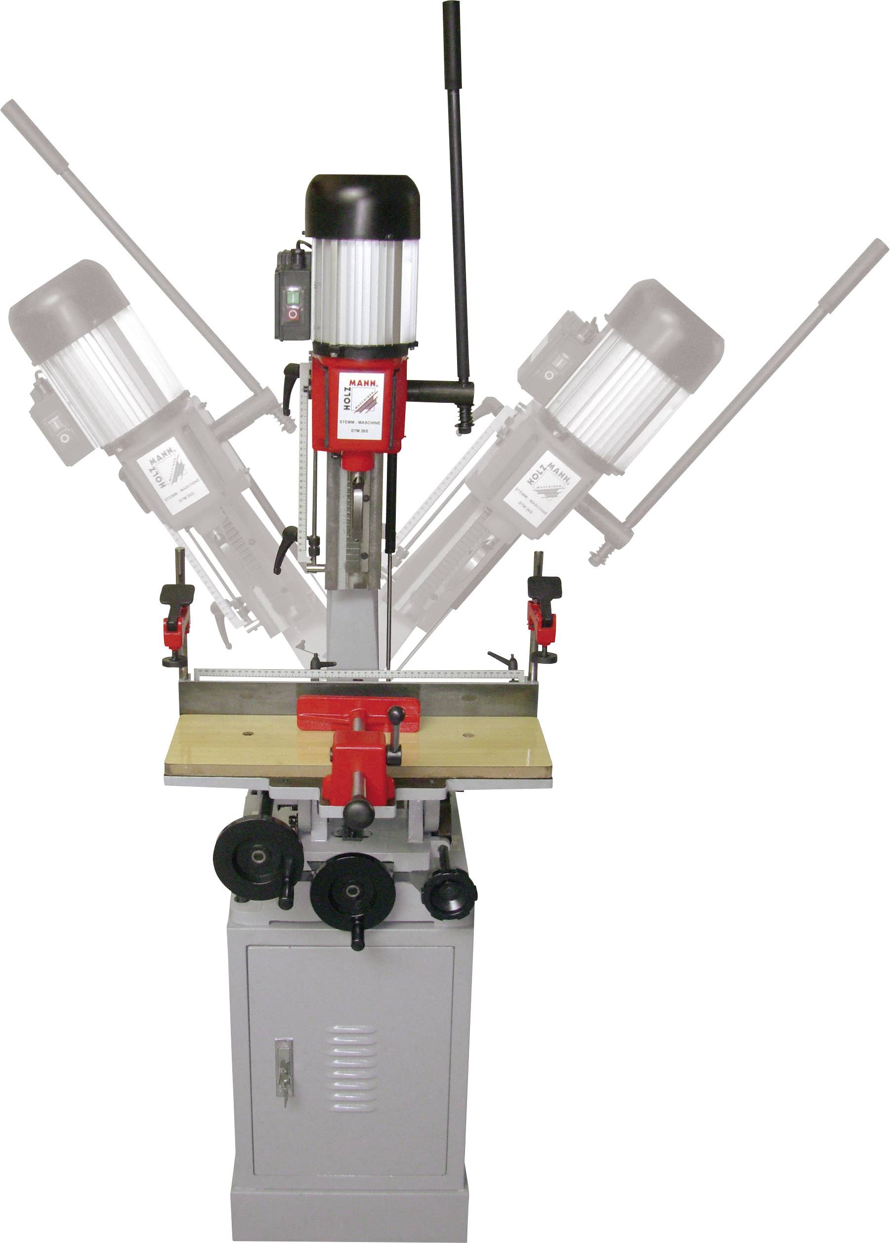 Une machine à percer rouge avec un angle réglable sur un socle gris. Illustrant le rayon de mouvement de la tête de forage sous différents angles.