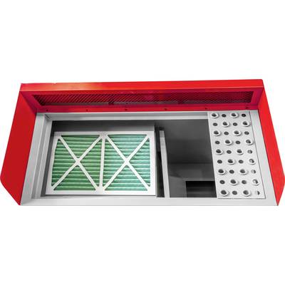 Boîtier de système de ventilation rouge avec insert filtrant vert et blanc, avec des fentes de ventilation sur la droite.