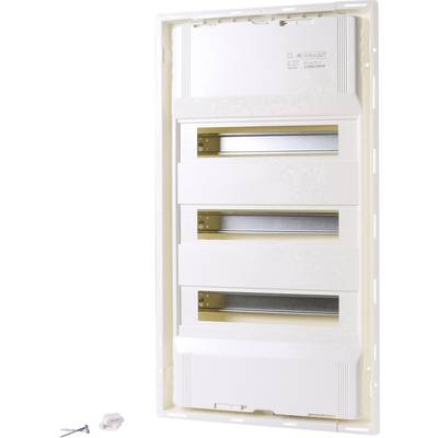 Un boîtier de sécurité blanc avec quatre rails horizontaux. Une vis métallique et une petite pièce en plastique sont posées à côté.