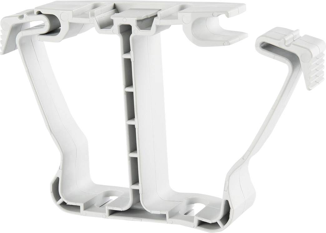 Support en U blanc en plastique avec des attaches latérales. Il sert à fixer des câbles ou des tuyaux.