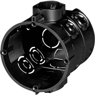 Un boîtier cylindrique noir en plastique avec plusieurs ouvertures et des marquages techniques, probablement destiné à des installations électriques.