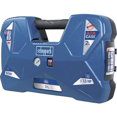 Un compresseur d'air portable bleu avec une pression de 8 bars, une capacité de 2 litres et une puissance de 1,5 CV.