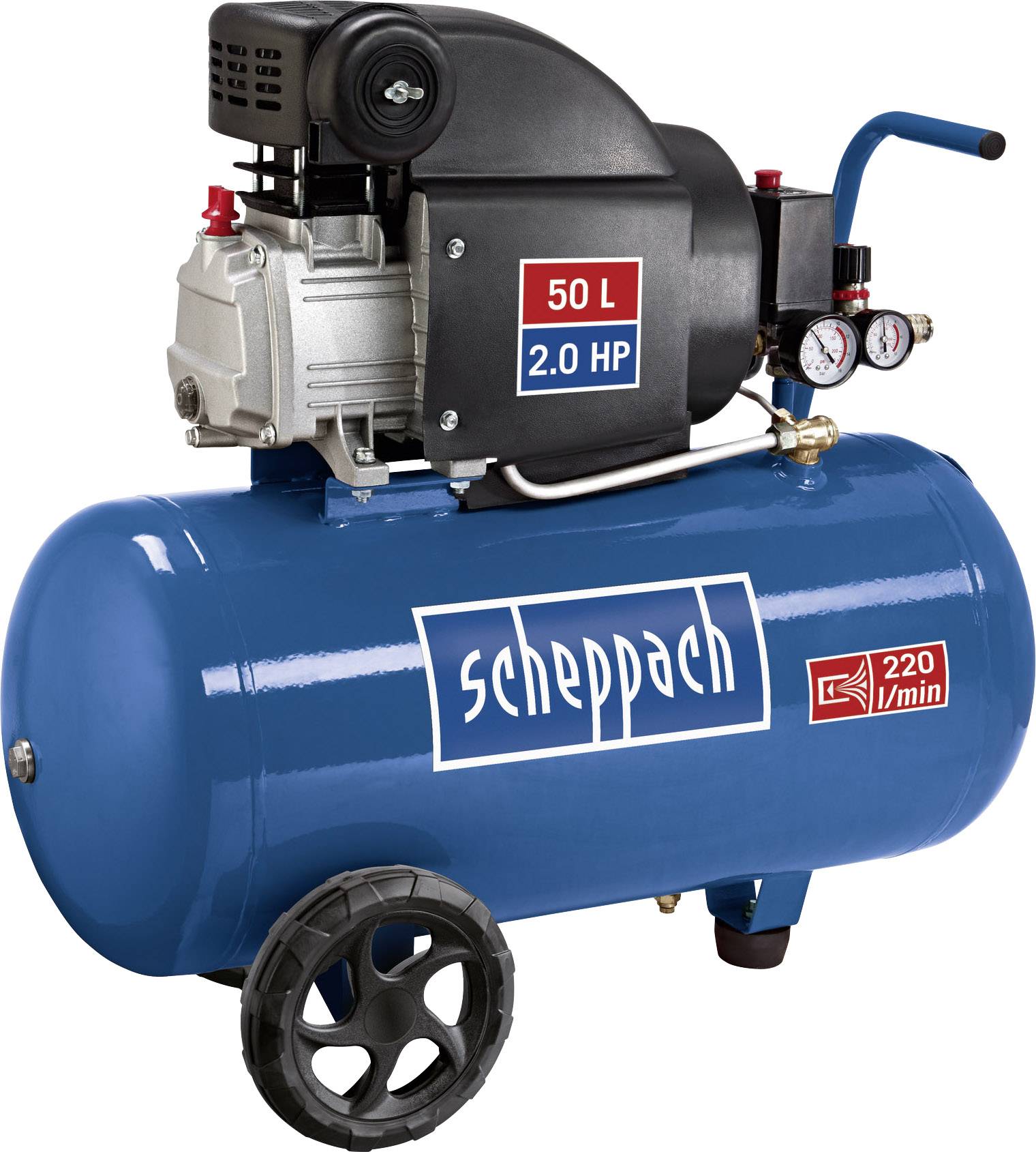Compresseur Scheppach bleu avec un volume de réservoir de 50 litres et une puissance de 2,0 CV. Affiche deux manomètres.