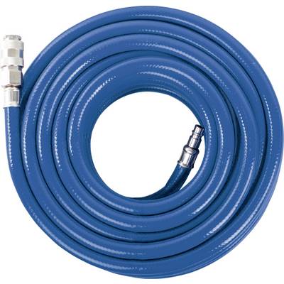 Un tuyau bleu enroulé avec des raccords argentés à chaque extrémité. Adapté pour une utilisation avec des outils pneumatiques.