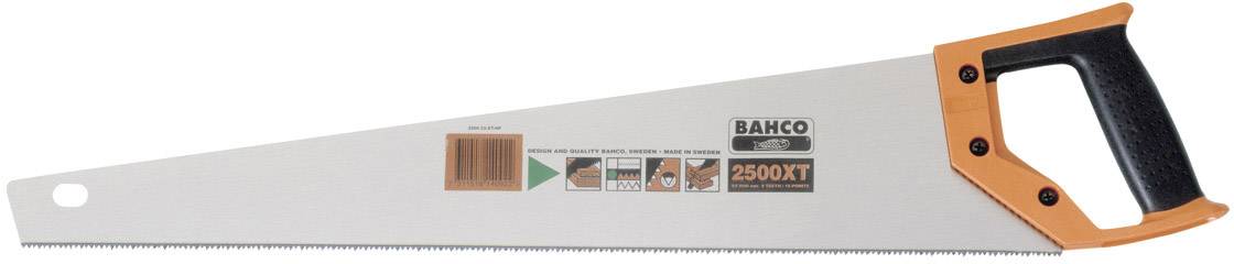 Scie à main avec poignée noire et protection orange, logo de marque 'Bahco 2500XT' sur la lame, adaptée aux travaux sur bois.