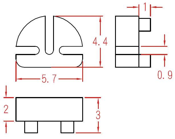Dessin technique d'un composant avec les dimensions suivantes : largeur 5,7 cm, hauteur 4,4 cm, épaisseur 0,9 cm, avec des hauteurs supplémentaires marquées à 2 cm et 3 cm.