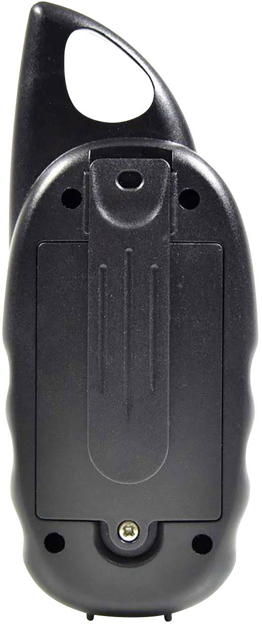 Vue arrière d'un appareil noir oval avec des bords arrondis et une petite boucle en plastique en haut.